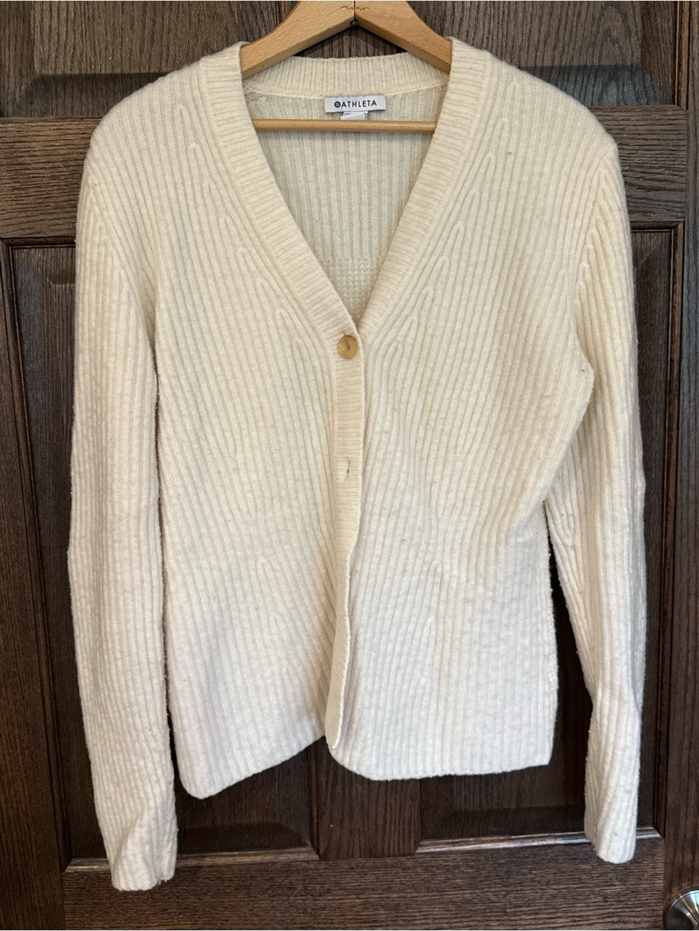 Athleta Cream Ribbed V-Neck Button Cardigan Sweater Large